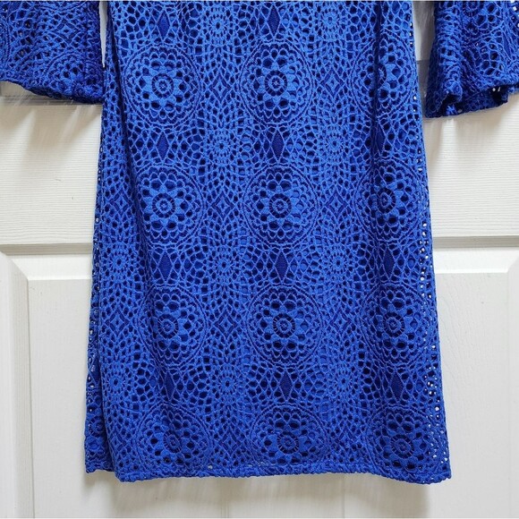 Leslie Fay Dress 6 Blue Floral Crochet Lace Bell Slv Lined Boho Coastal Grandma - Picture 7 of 10